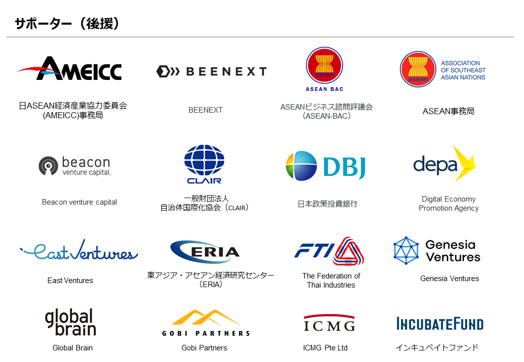 AEM-METI Economic and Industrial Cooperation Committee (AMEICC) Secretariat, BEENEXT, beacon venture capital, ASEAN Business Advisory Council (ASEAN-BAC), ASEAN Secretariat (ASEC), Council of Local Authorities for International Relations(CLAIR), DBJ, depa, East Ventures, Economic Research Institute for ASEAN and East Asia (ERIA), FTI, Genesia Ventures, Global Brain, Gobi Partners,